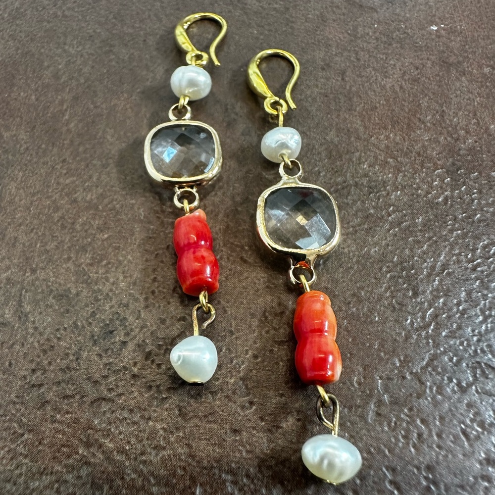 Elegant Gold and Orange Coral Dangle Earrings